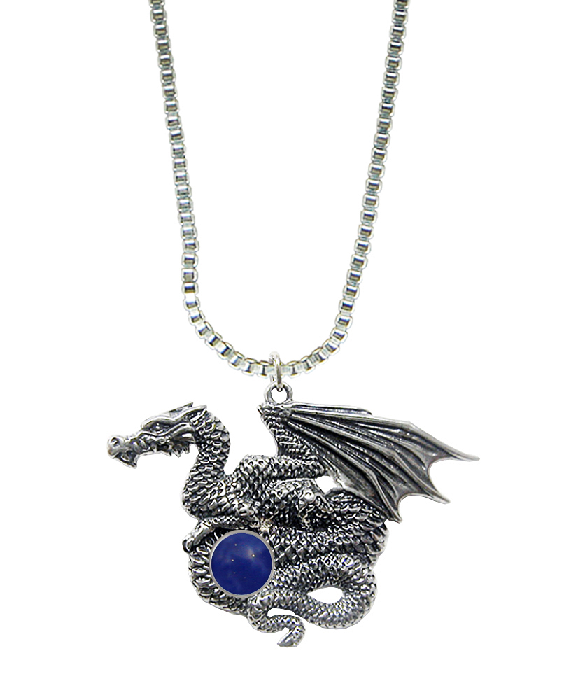 Sterling Silver Dragon of Many Treasures Pendant With Lapis Lazuli